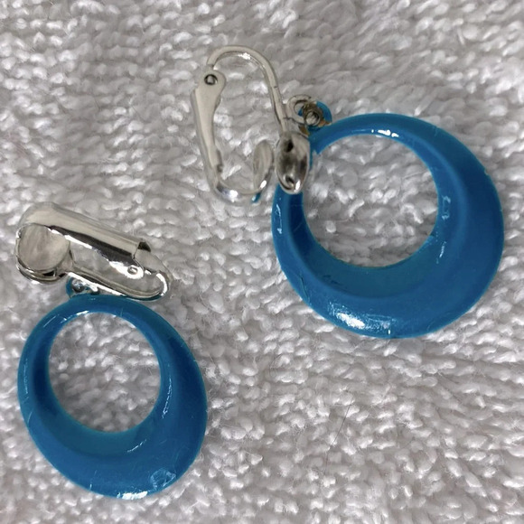 Vintage Blue  Painted Metal Small Hoop Clip On Earrings - Picture 6 of 9
